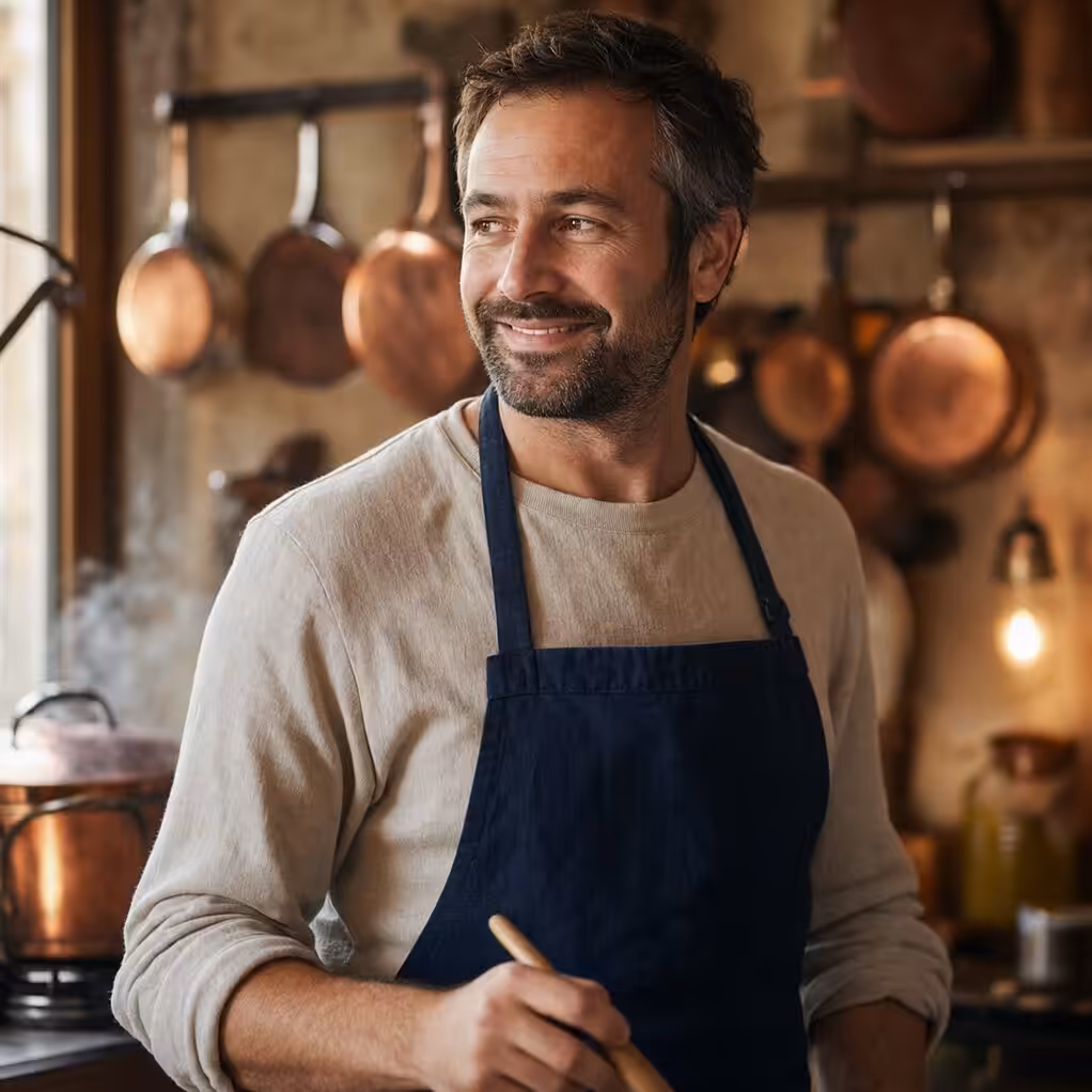 Homme souriant en tablier dans cuisine chaleureuse